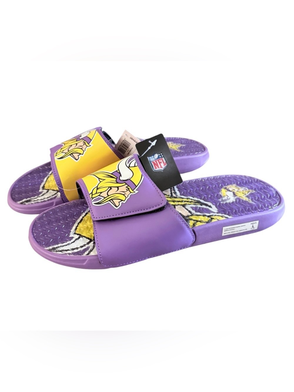 NWT FOCO NFL Minnesota Vikings Big purple, gold & white logo gel slide Sandals.